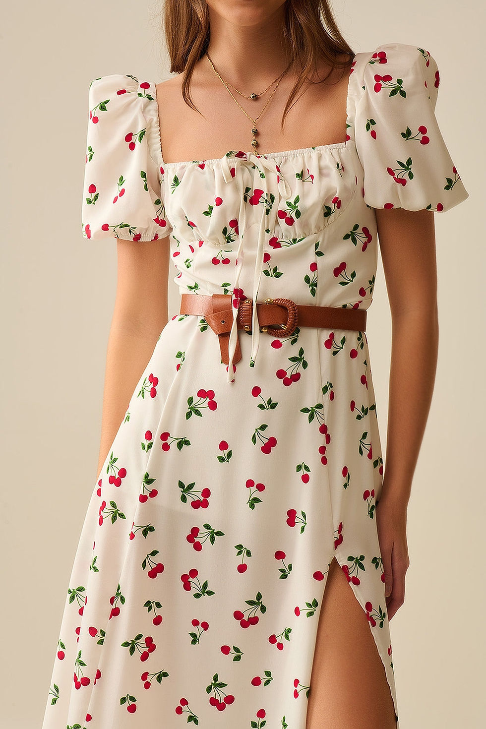 Thumbnail: Midi Cherry Print Dress With Puff Sleeves