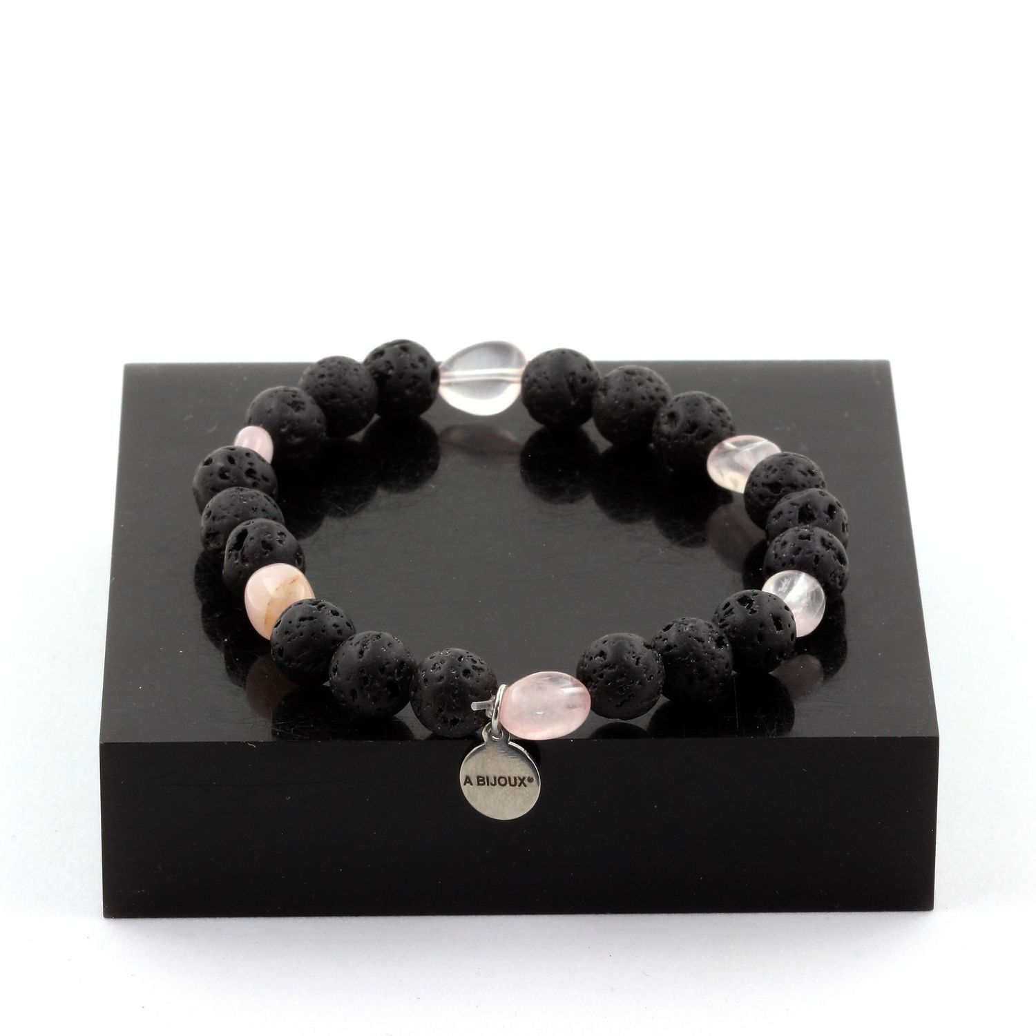 Rose Quartz from Brazil + Lava Bracelet 8 mm Beads. Made in France
