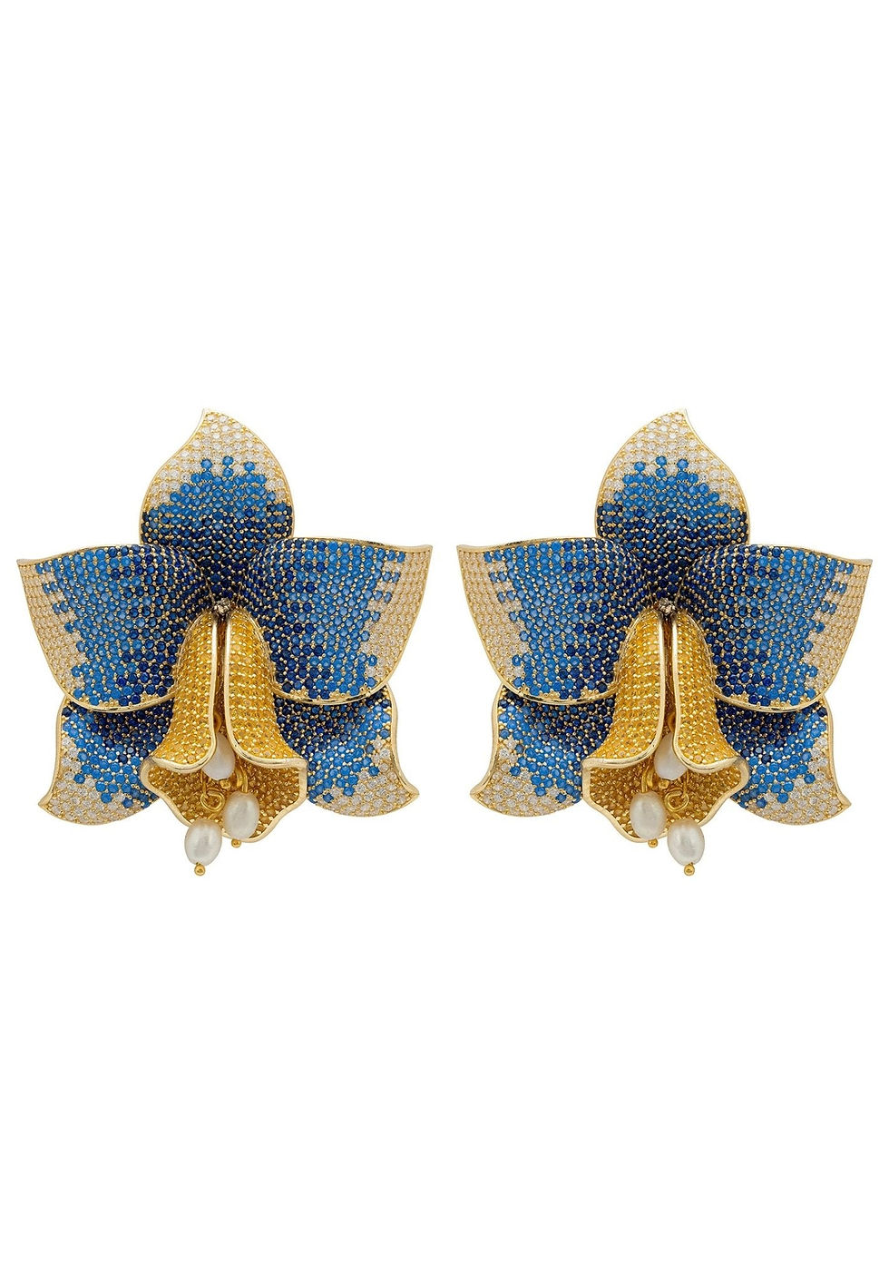 Daffodil With Pearls Earrings Gold Sapphire CZ