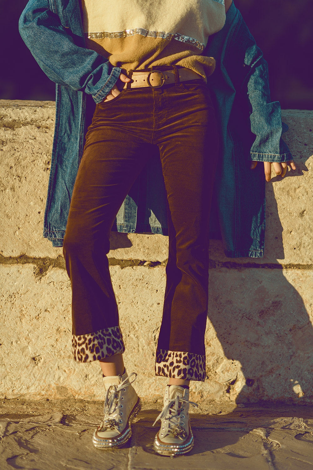 Brown Corduroy Flare Pants With Leopard Print at the Bottom