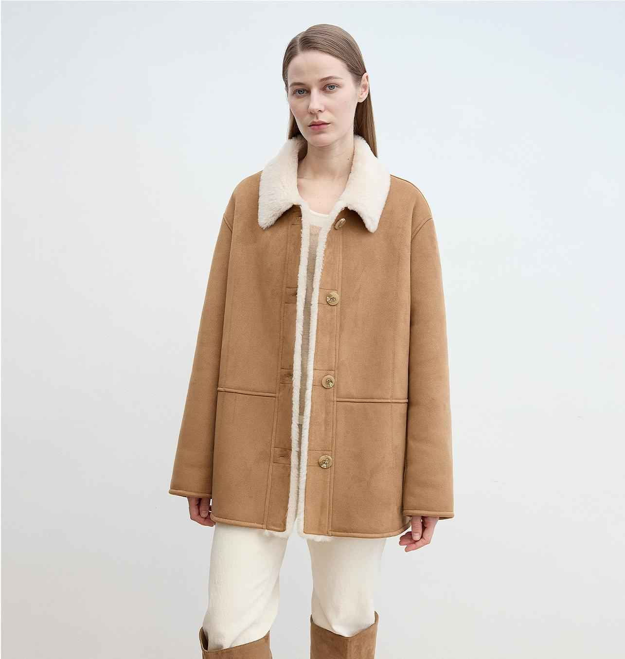 Fireladyfur Women's Faux Leather Shearling Jacket - Casual Furry Lapel Wool Coat