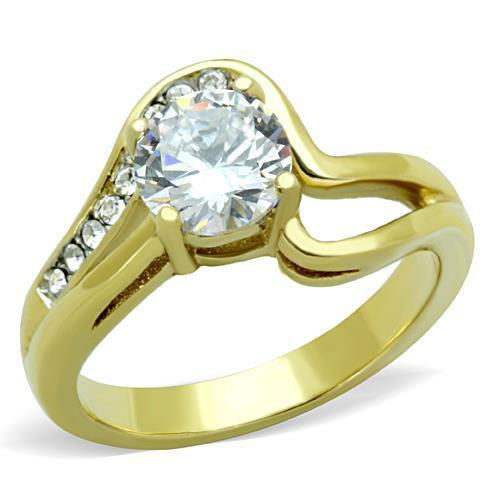 Two-Tone IP Gold (Ion Plating) Stainless Steel Ring With AAA Grade CZ in Clear