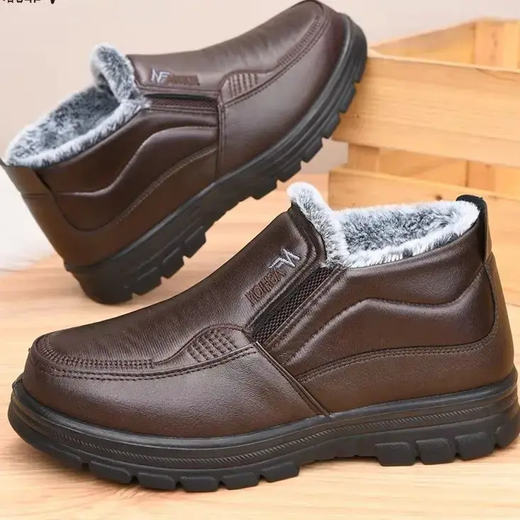 Thumbnail: 2026 Winter New Leather Boots Waterproof Anti Slip Snow Boots Men's Cotton Shoes