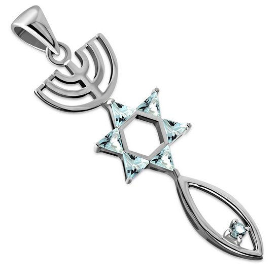 Blue Topaz CZ Messianic Seal of Jerusalem Silver Pendant