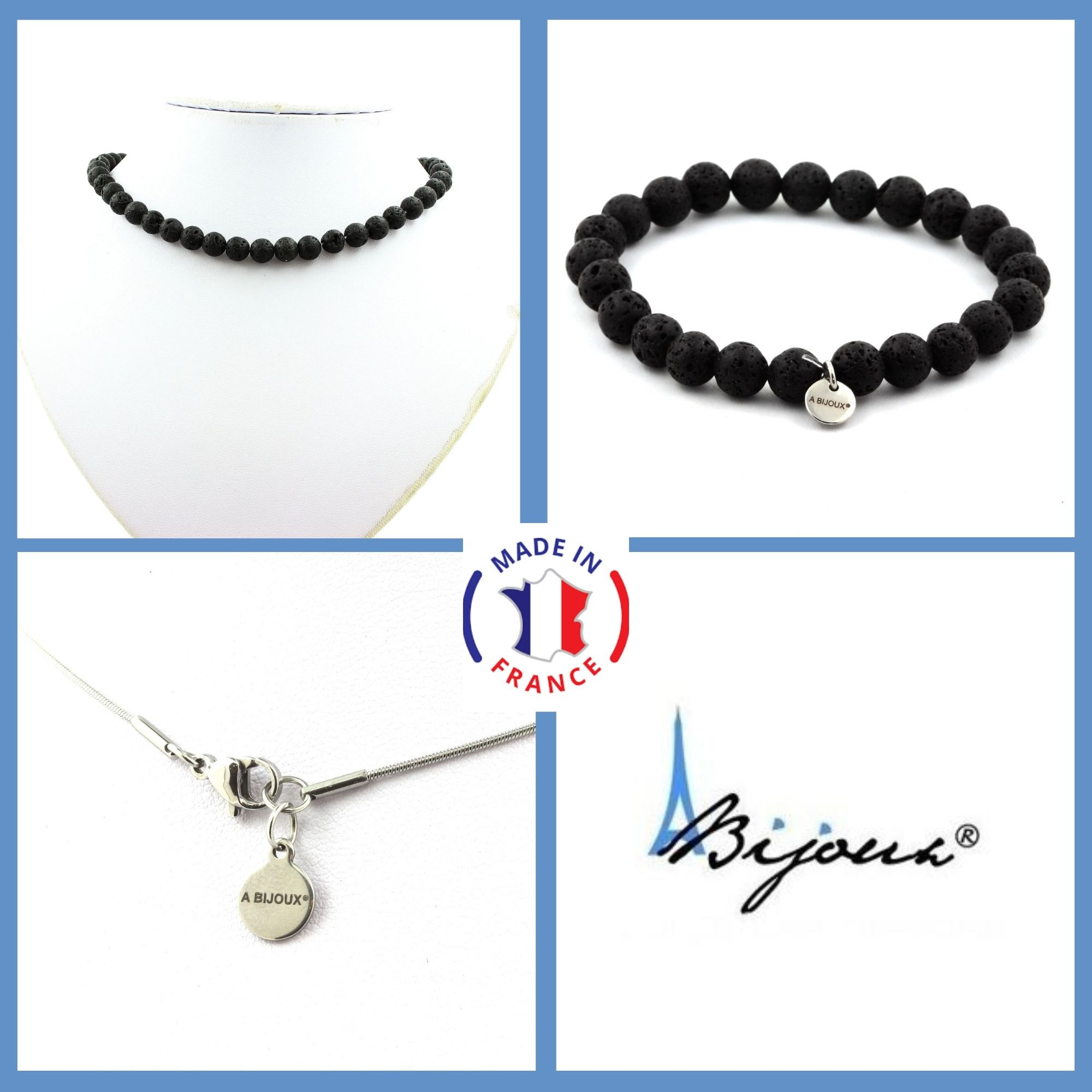 Jewelry set Bracelet Necklace Lava beads 8 mm. Stainless steel chain.