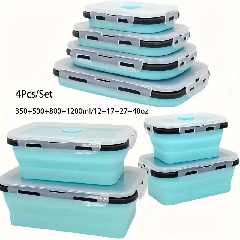 縮圖：4 Pack Silicon Lunch Box Flat Stacks Collapsible Food Storage Containers With Li