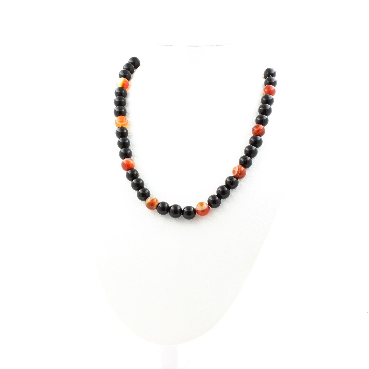 Banded Agate + Black Agate 8 mm bead necklace stainless steel chain