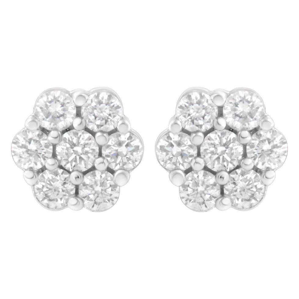 4K White Gold 7 Stone Floral Cluster Round Brilliant Cut Diamond Stud Earrings