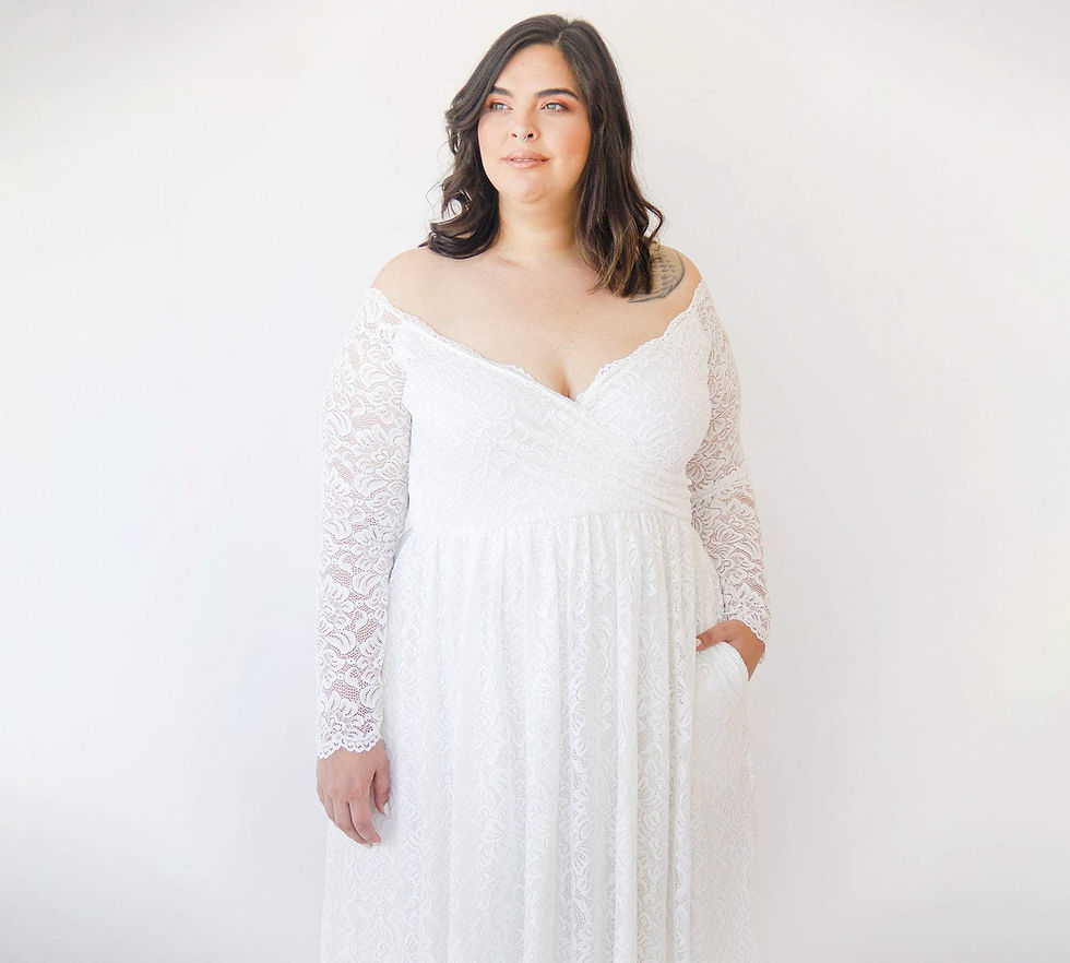Thumbnail: Curvy  Ivory Off the Shoulder Lace Wrap Wedding Dress  With Pockets  #1316