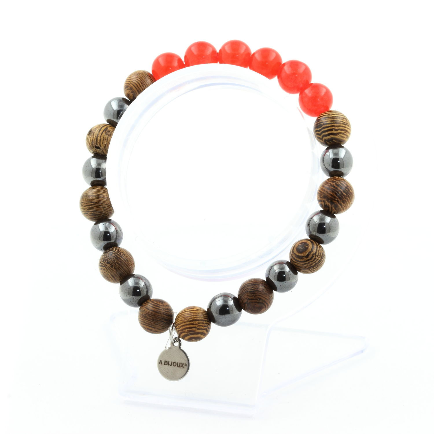 Red Chalcedony + Hematite + wood 8 mm beads Bracelet. Made in France