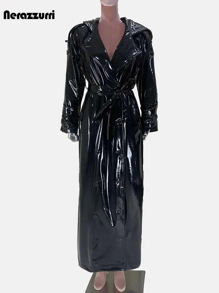 Thumbnail: Nerazzurri Autumn Extra Long Shiny Black Soft Patent Pu Leather Trench Coat for