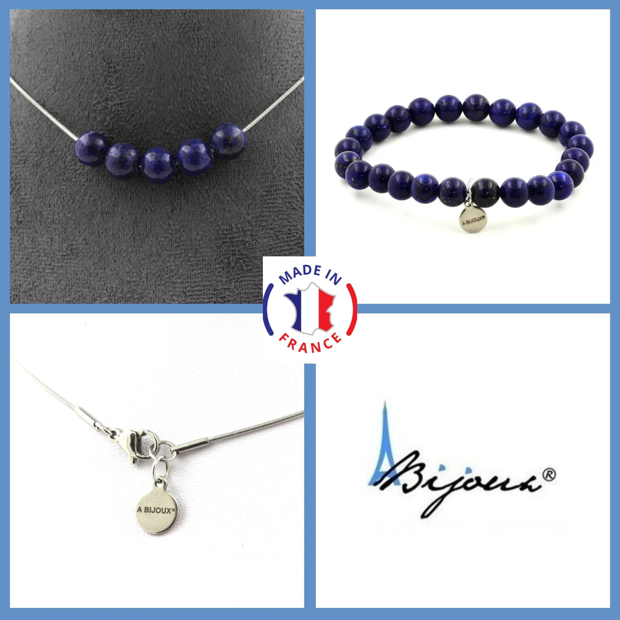 Jewelry set Bracelet Necklace Lapis Lazuli 5 Beads 8 mm. Stainless steel chain.