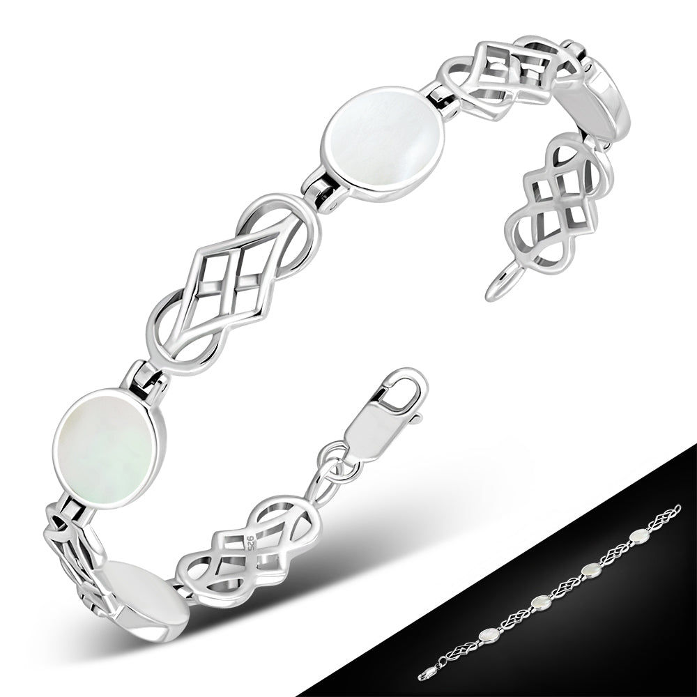 Mother of Pearl Shell Oval Links Celtic Knot Silver Bracelet