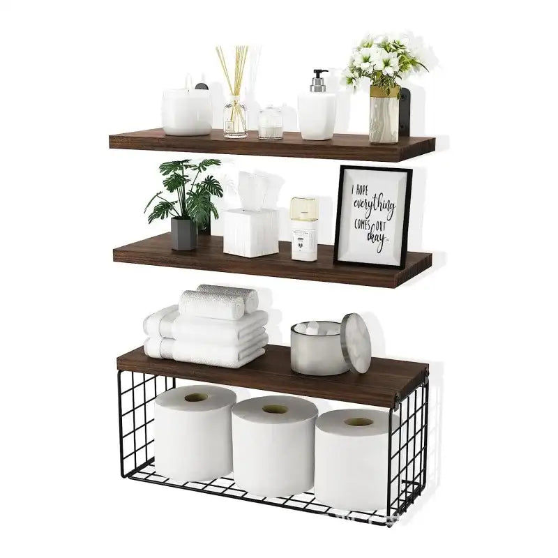 Thumbnail: Wood Wall-Mounted Floating Shelves Set of 3 – Farmhouse Style Bathroom & Bedroom