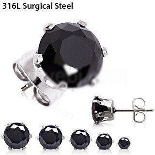 Thumbnail: Pair of 316L Surgical Steel Black Round CZ Stud Earrings