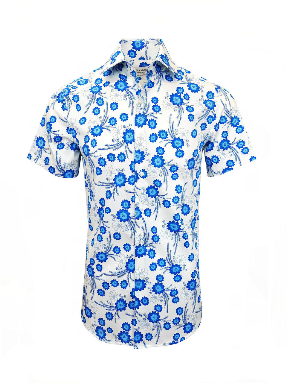 White and Blue Floral Print Short Sleeves Shirt