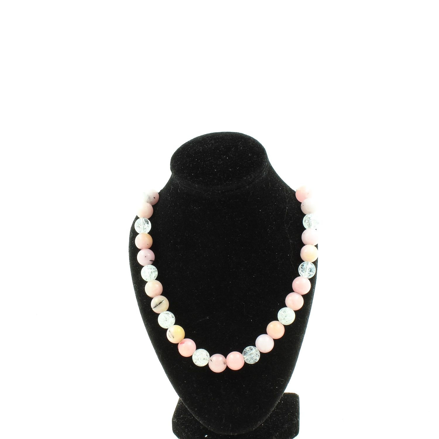 Pink Opal + Cracked Quartz from Brazil 8 mm bead necklace stainless steel chain