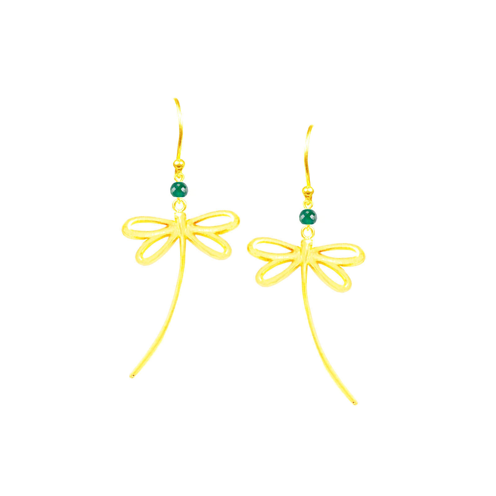 Golden Dragonfly Green Onyx Long Dangle Earrings