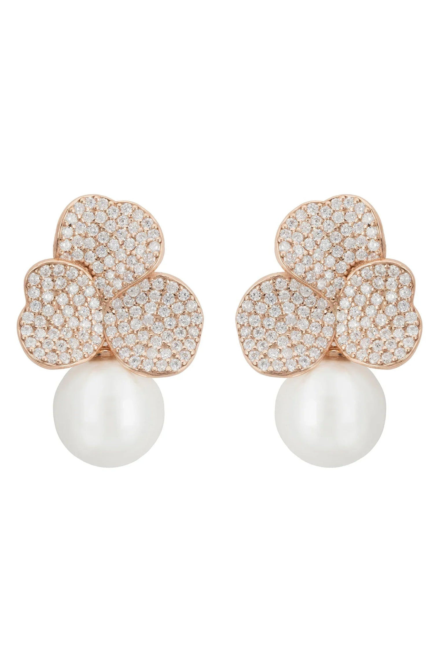 Iris Flower and Pearl Dangle Earrings Rosegold