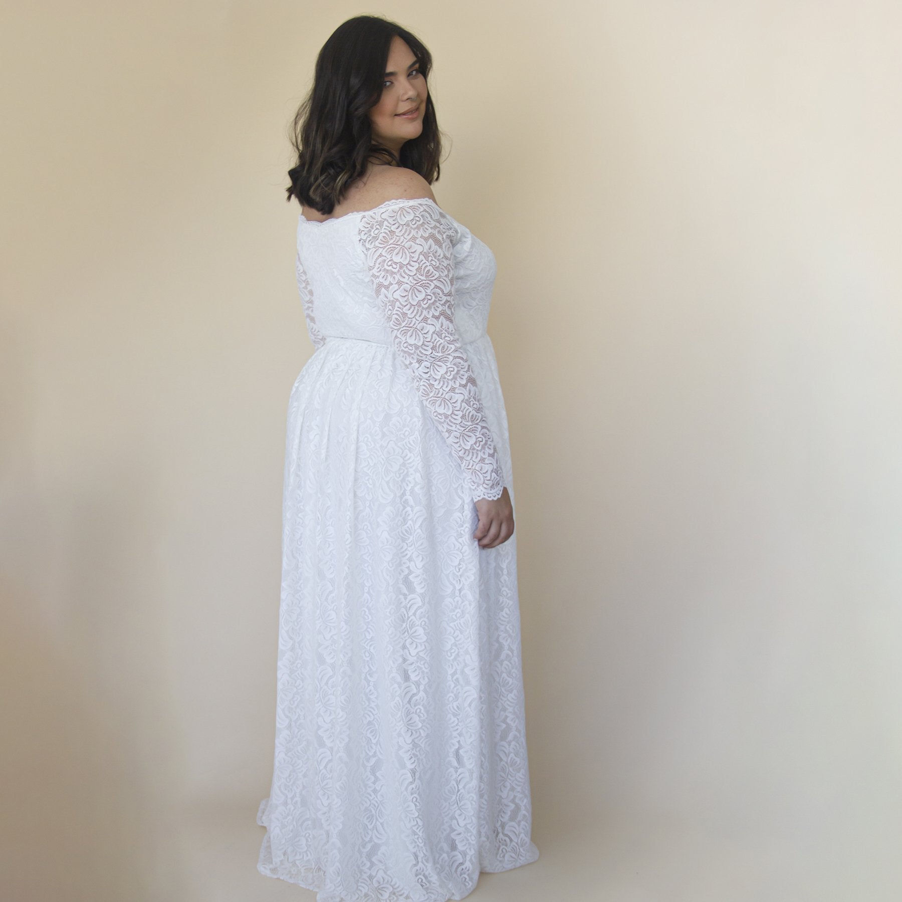 Curvy Ivory Off the Shoulder Lace Wrap Wedding Dress With Pockets #1316