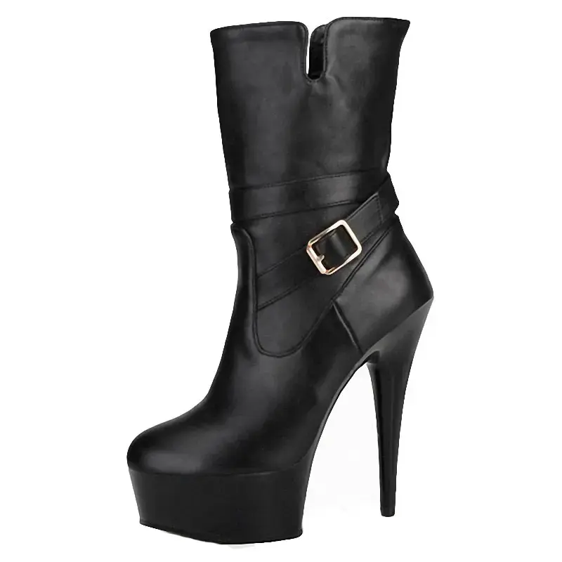 PU Leather Gothic Round Toe High Heel Platform Ankle Boots 15cm