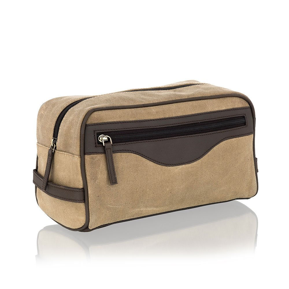 Beige Canvass And Brown Leather Wash Bag 11.0″