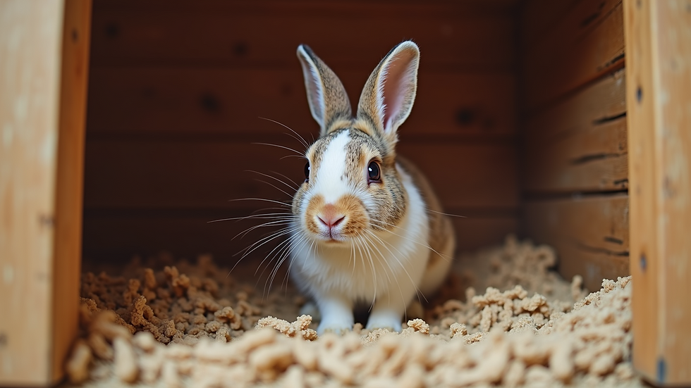 Eye-level view of a New Zealand rabbit in a clean hutch