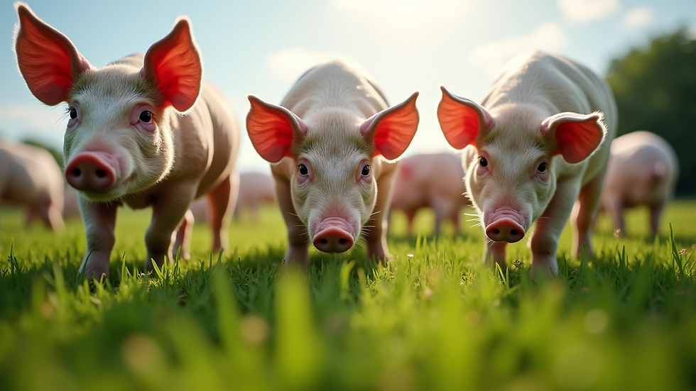 Eye-level view of pigs grazing on green pasture