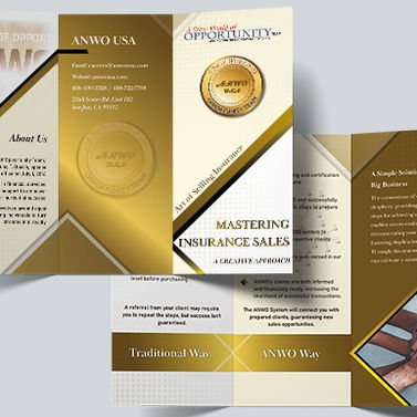 ANWO's trifold brochures introduce the company's distinctive approach to selling life and health insurance, setting it apart from traditional methods.