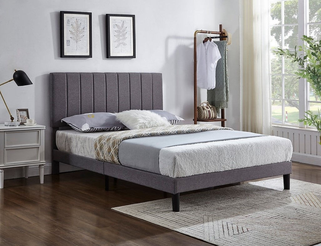 Grey Fabric Bed with Vertical Tufting - Platform Bed IF-5363