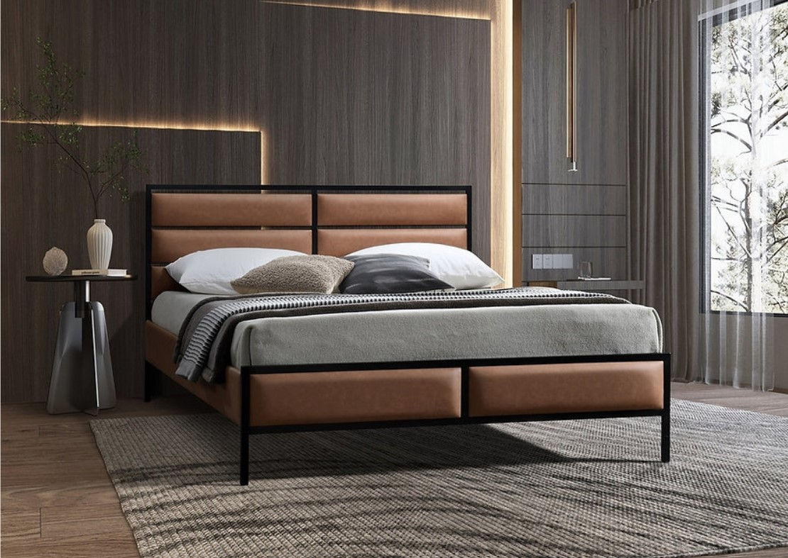 Modern/Industrial Style Platform Bed with Tan PU Leather IF-5335