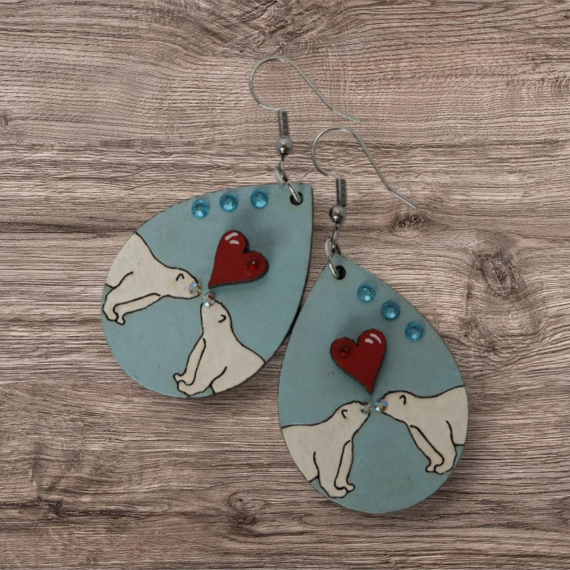 Hand-Painted Polar Bear Earrings | Romantic Arctic Scene Jewelry | Lightweight