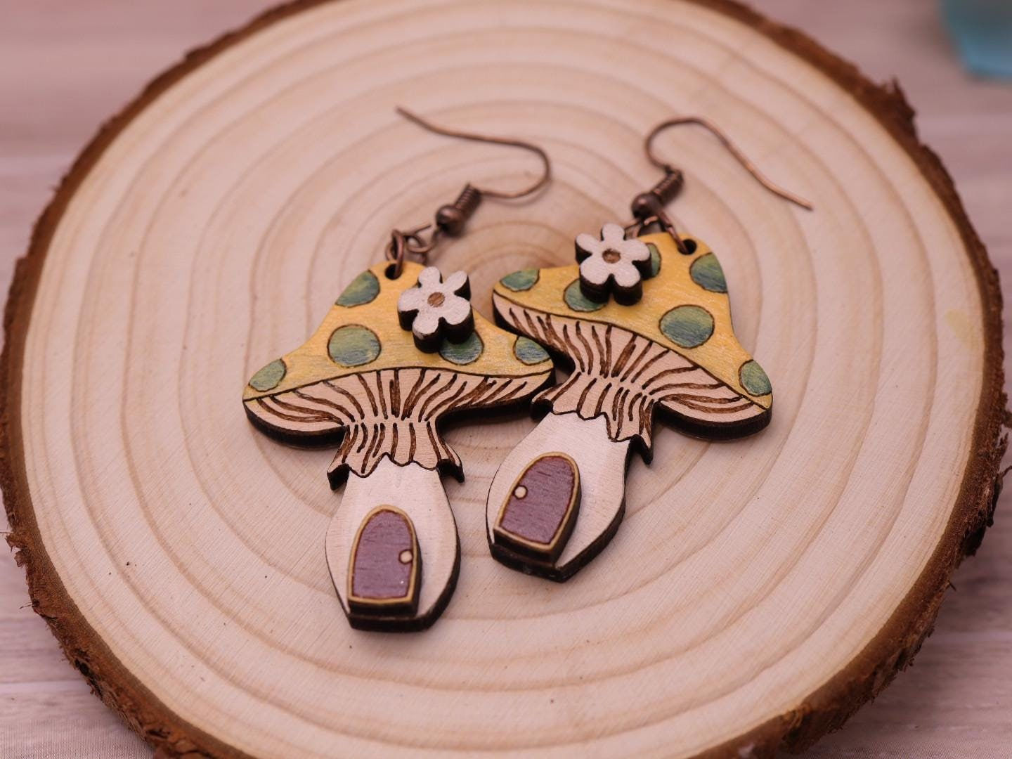 Fairy House Mushroom 3D Wood Hand Painted Mushroom Dangle Earrings