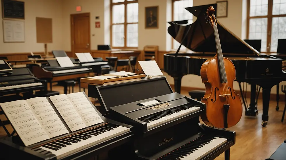 Close-up view of a music classroom filled with various instruments