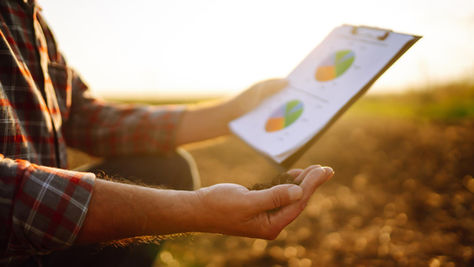 Pessoa no campo segura um punhado de terra em uma das mãos e, na outra, uma prancheta com gráficos coloridos, analisando dados agrícolas ao ar livre durante o pôr do sol.