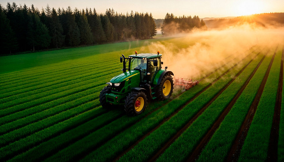 Trator agrícola realiza pulverização em lavoura verde, com névoa leve no ar e luz suave do início ou fim do dia, indicando condições climáticas favoráveis para a aplicação.