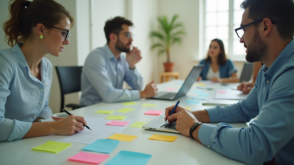 Close-up view of a brainstorming session with sticky notes and a laptop