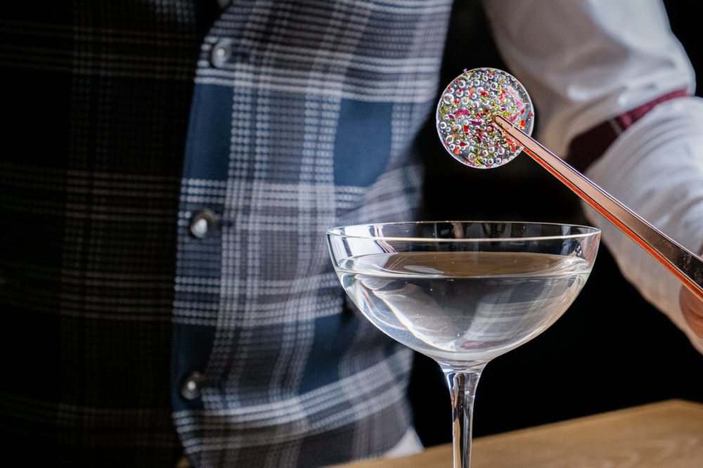 A Gimlet With Rose and Smoke Cordial & Isomalt Garnish