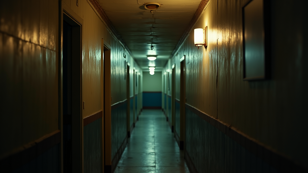 High angle view of a dimly lit old hallway with flickering lights