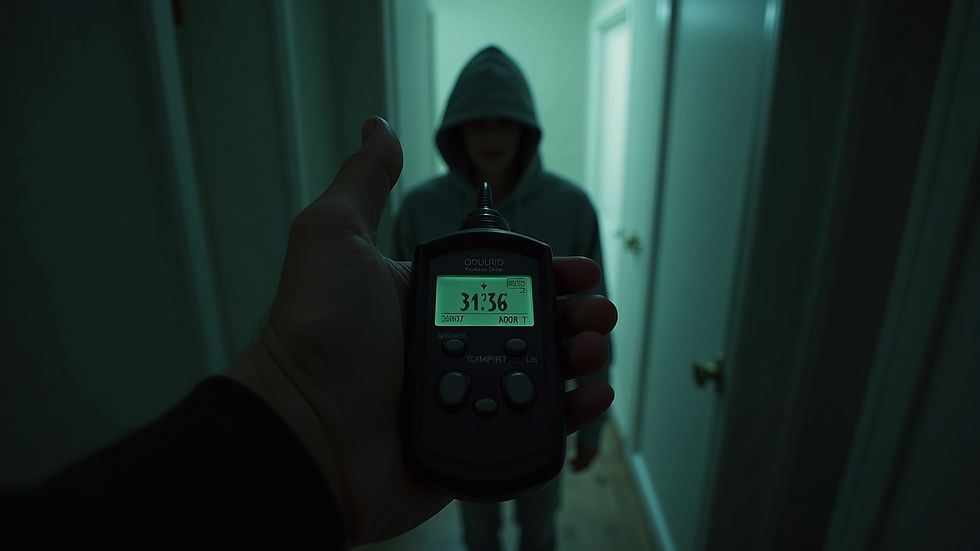 High angle view of a ghost hunter holding an EMF meter in a dimly lit room