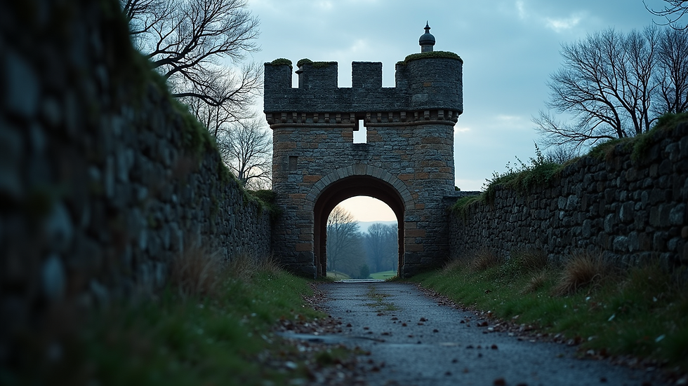 Eye-level view of an old stone castle entrance at dusk