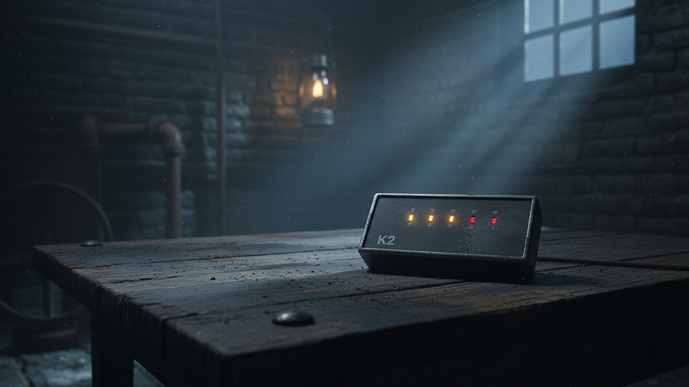 Eye-level view of a K2 meter resting on a weathered wooden table