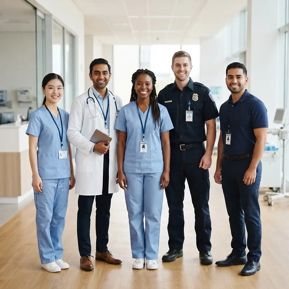 Professional photography of a diverse medical team including a doctor, nurses, and support staff, standing in a modern hospital hallway. They project a collaborative and professional atmosphere.
