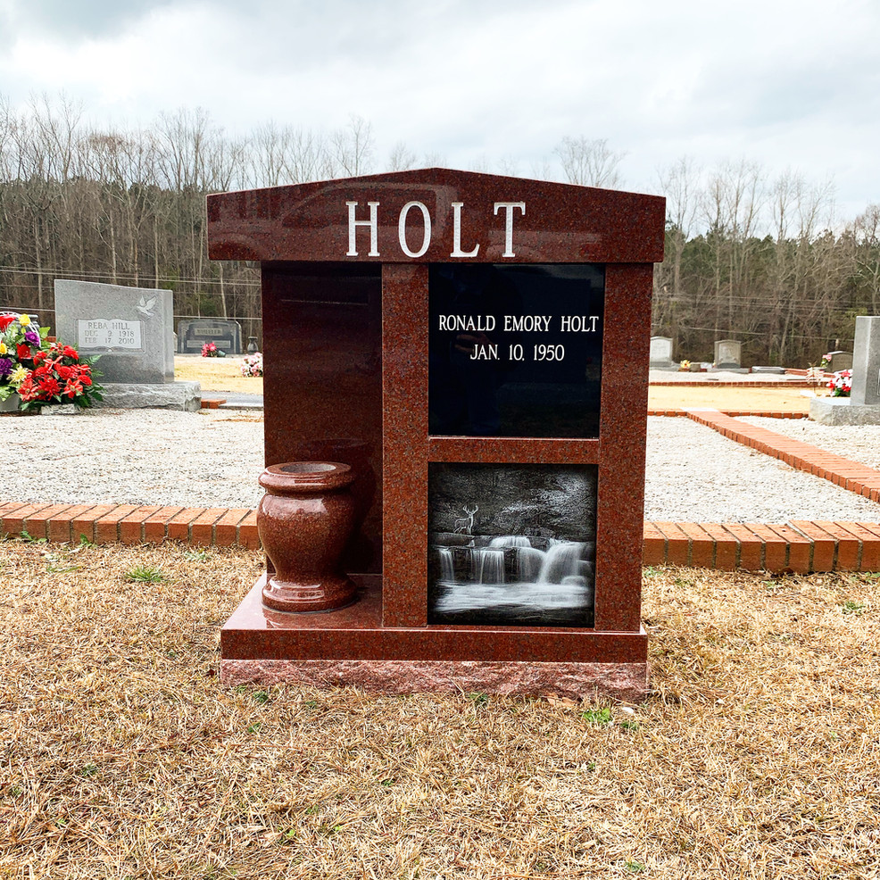 Memorials, Upright  Memorials, Headstone, Grave Stone, Brick Wall, Double Head stone, Double Memorial, Cemetery, Carrollton, Georgia, Granite, Georgia Blue Granite, Hearn Monument, Monument Builders, Headstone Company, Stone crafters, Cemetery Wall, Georgia Cemeteries, Georgia Monuments, Georgia Headstone companies, Single Headstones, Single Memorials, Beautiful Memorials, Monuments, Pretty Monuments, Custom Monuments, Custom work, Custom Memorials, Custom Headstones, India Red, Cremation Marker, Double Cremation Memorial, Cremation Monument, Laser Etching, Round Vase, 