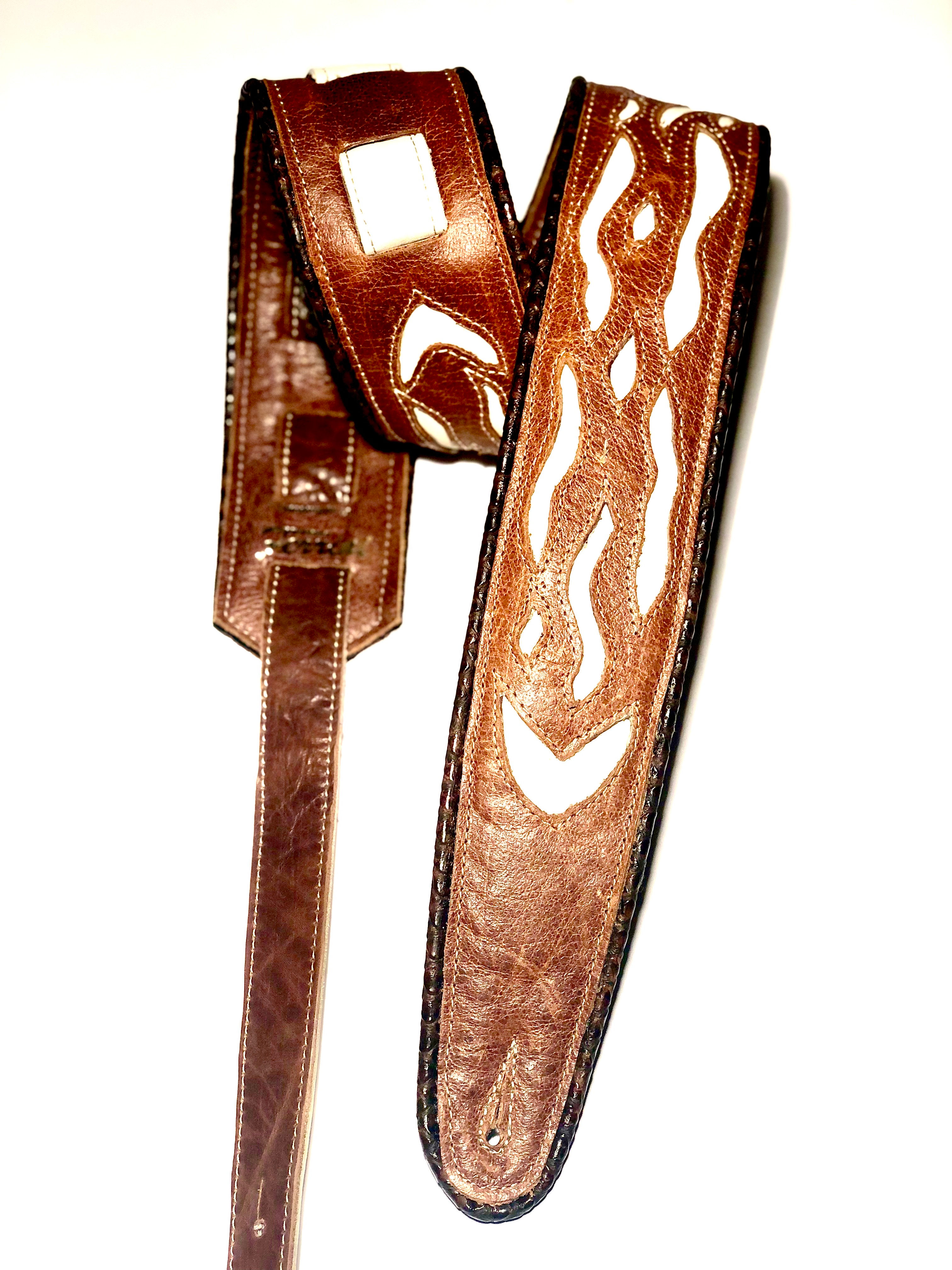Guitar strap brown leather with hand cut carved pattern
