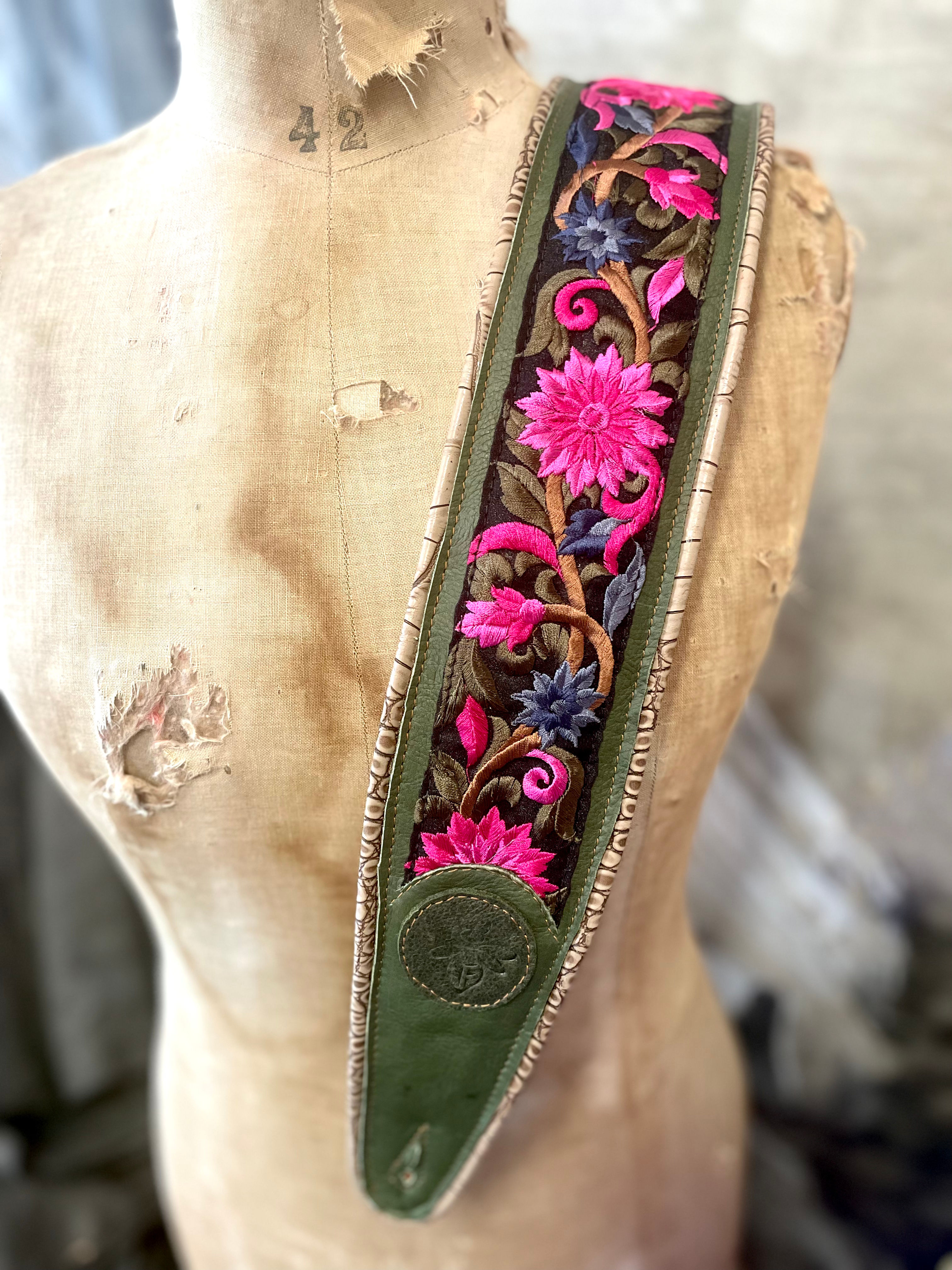 Guitar strap green wide with pink flower trim 