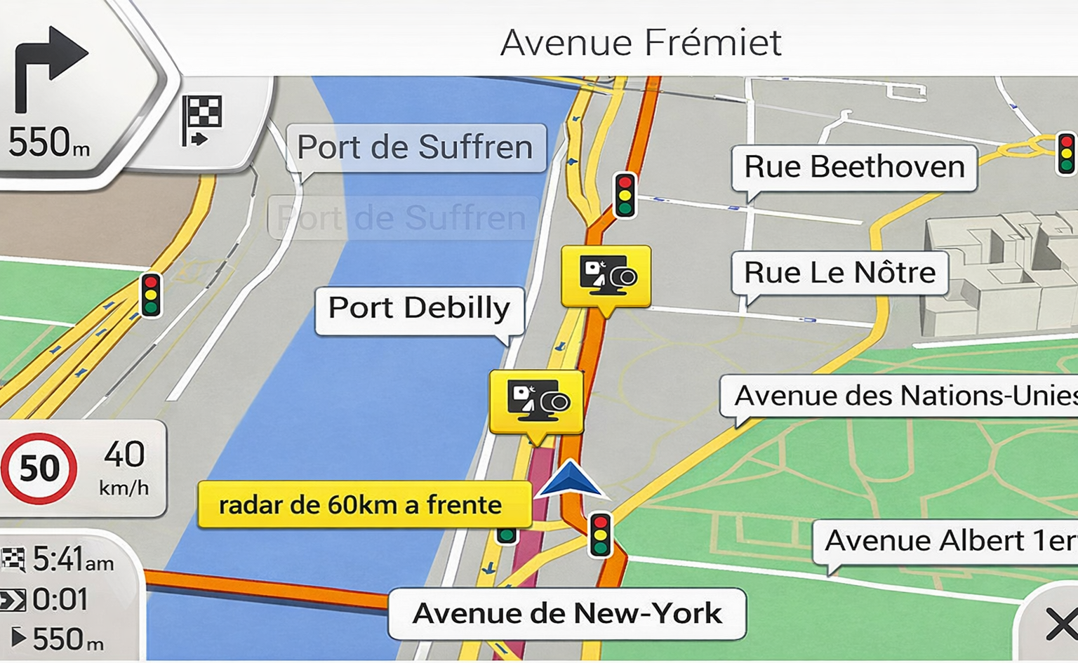 GPS com mapa atualizado mostrando radares corretamente posicionados