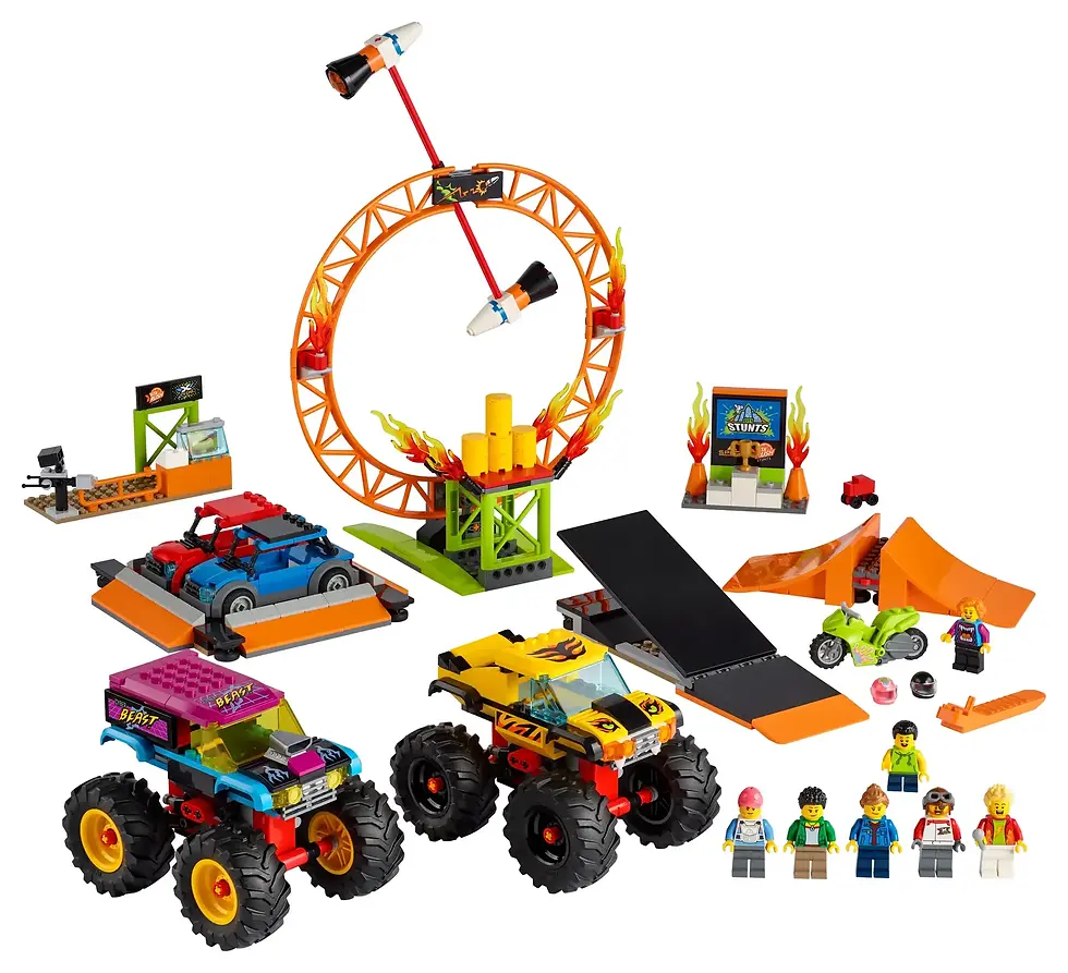 Thumbnail: Inhoud: LEGO City Stuntz stuntshow arena 60295: 2 monstertrucks, minifiguren, schansen, sloopauto's en een hoepel