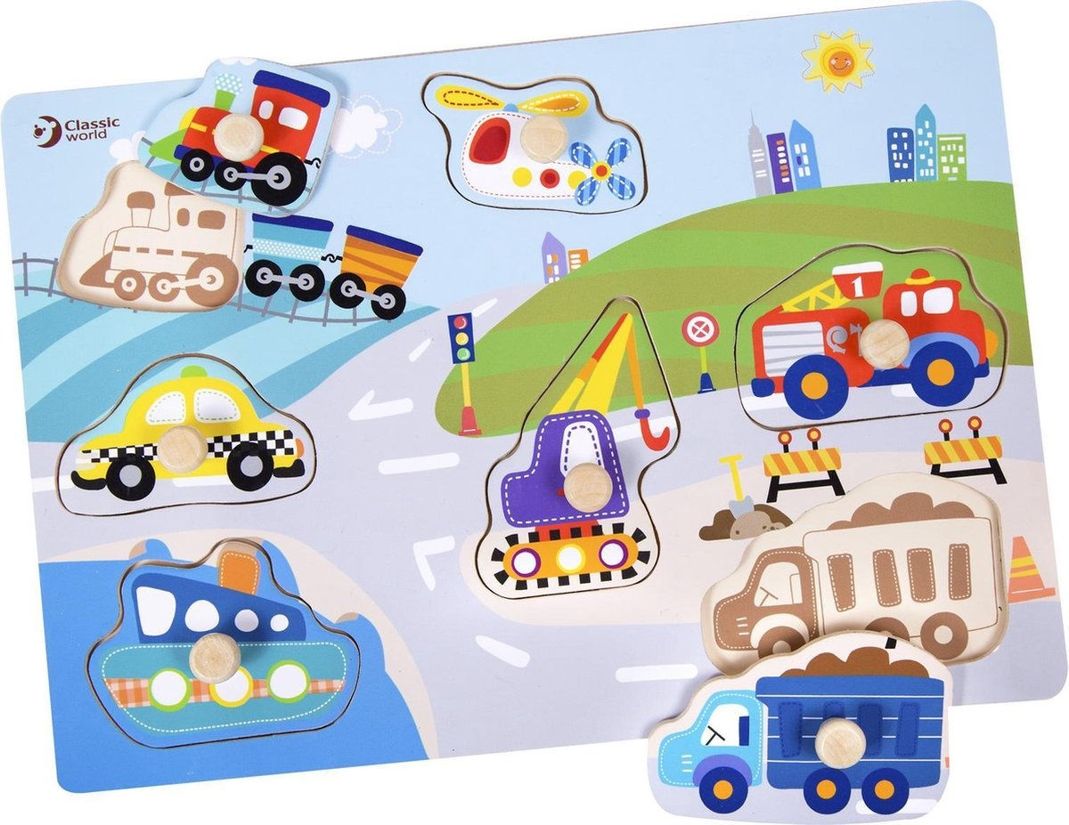 Houten knopjes puzzel: voertuigen editie. 