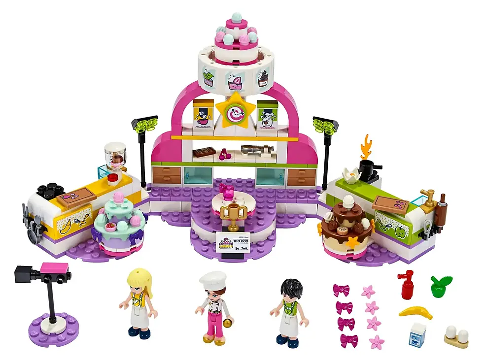 Thumbnail: Inhoud LEGO friends bakwedstrijd speelset 41393: Bakpodium met twee keukens, camera, minifiguren en accessoires 